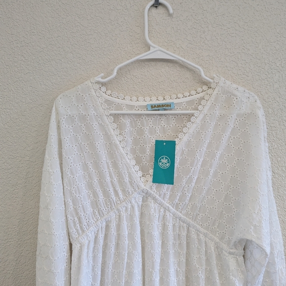 Samson Dress Women's Small White Eyelet V-neck Boho Beach - Picture 2 of 8